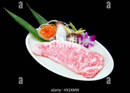 Japanische Rindfleisch, Wagyu, Miyasaki für Teppanyaki-Küche. Stockfoto