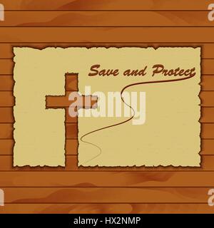Vektor-Bild, geschnitzt christliches Kreuz aus dem alten Papier auf einem hölzernen Hintergrund für konzeptionelle Projekte, für Religion, Grußkarten Stock Vektor