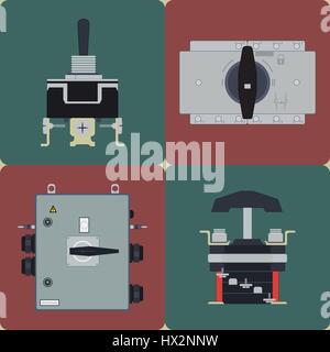 Flache elektrische Symbole Leistungsschalter, Schaltkontakt. Elektrische Geräte für die Verbindung und Trennung von einer elektrischen Schaltung Stock Vektor