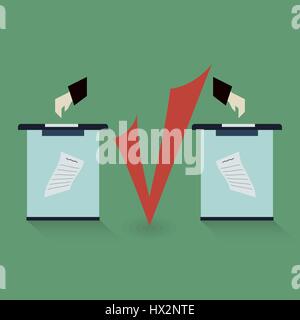 Die Urne, in der Mitte eine Zecke rote Farben, eine Hand senkt das Bulletin in eine Wahlurne, flachen Stil Stock Vektor