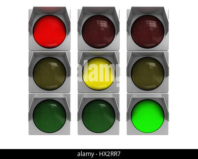 3D Abbildung des isolierten Ampel mit allen Farben Stockfoto