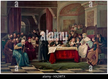 "Christopher Columbus an der spanischen königlichen" zeigt Christopher Columbus steht vor Königin Isabella i. von Kastilien und König Ferdinand II von Aragon am 1 Mai 1486 Petitionen für Finanzen, seine geplante Auseinandersetzung um eine westliche Route in den Orient zu finanzieren. Farbe-Lithographie eines Gemäldes von Václav Brožík (1851-1901) veröffentlichte im Jahre 1884. Stockfoto