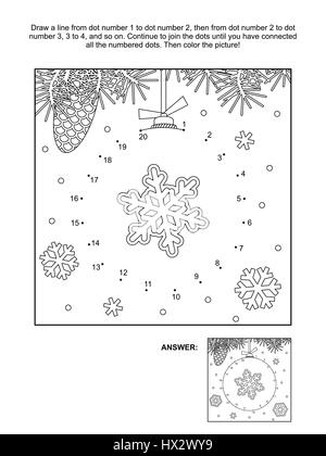 Winter, Silvester oder Weihnachten Themen verbinden die Punkte Bilderrätsel und Malvorlagen - Christbaumkugel mit Schneeflocke. Antwort enthalten. Stock Vektor