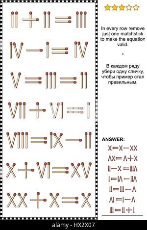 Visuelle Mathe-Puzzle mit römischen Ziffern: Entfernen Sie In jeder Zeile nur ein Streichholz um die Gleichung gültig zu machen. Antwort enthalten. Stock Vektor