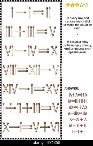 Visuelle Mathe-Puzzle mit römischen Ziffern: Fügen Sie In jeder Zeile nur ein Streichholz um die Gleichung gültig zu machen. Antwort enthalten. Stock Vektor