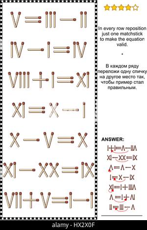 Visuelle Mathe-Puzzle mit römischen Ziffern: Positionieren Sie In jeder Zeile nur ein Streichholz um die Gleichung gültig zu machen. Antwort enthalten. Stock Vektor