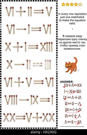 Visuelle Mathe-Puzzle mit römischen Ziffern: Positionieren Sie In jeder Zeile nur ein Streichholz um die Gleichung gültig zu machen. Antwort enthalten. Stock Vektor