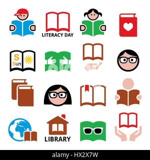 Kinder und Erwachsene lesen Bücher, Weltalphabetisierungstag Symbole Stock Vektor