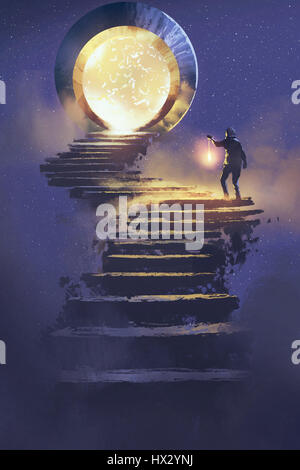 Mann mit einer Laterne gehen auf steinerne Treppe hinauf zum Fantasy Tor, Illustration, Malerei Stockfoto