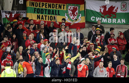 Wales-Fans vor dem Jahr 2018 FIFA WM-Qualifikation, Gruppe D entsprechen im Aviva Stadium Dublin. Stockfoto