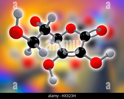 Vitamin C. molekulare Modell der Ascorbinsäure (C6. H8. O6), auch bekannt als Vitamin c. Dieses Vitamin ist erforderlich, um den Körper vor oxidativem Stress zu schützen. Atome als Kugeln dargestellt werden und sind farblich gekennzeichnet: Kohlenstoff (schwarz), Wasserstoff (grau) und Sauerstoff (rot) Stockfoto