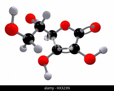 Vitamin C. molekulare Modell der Ascorbinsäure (C6. H8. O6), auch bekannt als Vitamin c. Dieses Vitamin ist erforderlich, um den Körper vor oxidativem Stress zu schützen. Atome als Kugeln dargestellt werden und sind farblich gekennzeichnet: Kohlenstoff (grau), Wasserstoff (weiß) und Sauerstoff (rot) Stockfoto