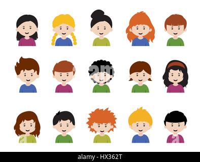 Große Reihe von Kinder-Avatare, niedlichen Cartoon jungen und Mädchen konfrontiert mit verschiedenen Emotionen Stock Vektor