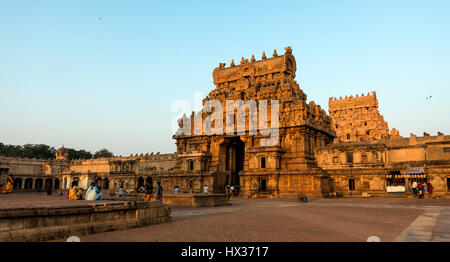 Brihadeeswarar Tempels, Gopuram oder Tor Turm, Thanjavur, Tamil Nadu, Indien Stockfoto