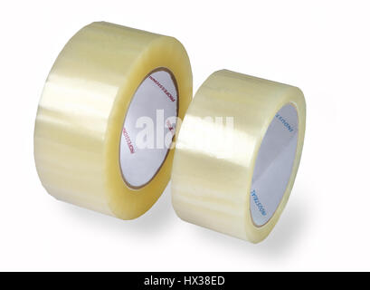 Zwei Rollen transparente Verpackung, Klebeband, verschiedenen Durchmessern, fotografiert auf einem weißen Hintergrund, isoliert, hinzugefügt Schatten. Stockfoto