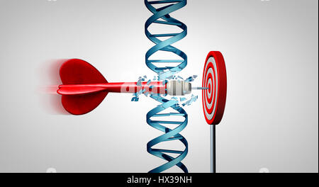 Genetischen Durchbruch und medizinische Gen Therapie Behandlungskonzept Entdeckung als ein Dart, ein Ziel zu treffen, durch das brechen einer Doppelhelix. Stockfoto