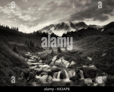 Edith Bach und Mt. Rainier mit Sonnenuntergang. Mt. Rainier Nationalpark, Washington Stockfoto