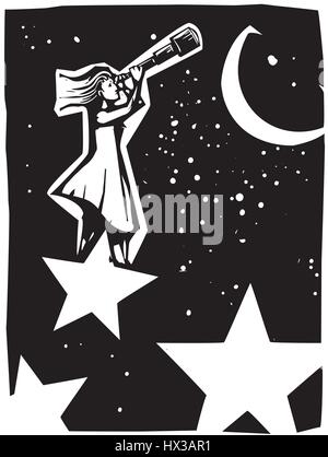 Holzschnitt Stil expressionistische Bild einer Frau, stehend auf einem Stern schaut in den Himmel mit einem Teleskop. Stock Vektor