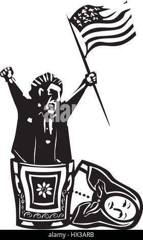 Holzschnitt Stil expressionistische Bild der Flagge winken zorniger Mannes aus russischen geschachtelte Matrjoschka Stock Vektor