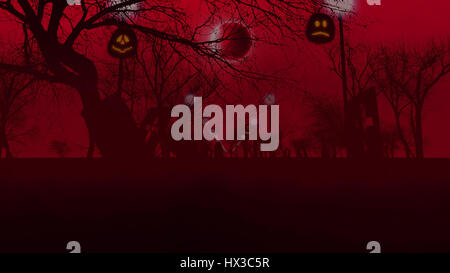 Kürbisse, Mond, Leuchter und Bäume auf einem roten nebligen Hintergrund. 3D Abbildung des Halloween-Konzepts. Stockfoto
