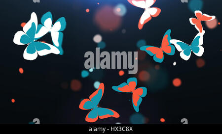 3D Darstellung der schöne bunte Schmetterlinge Schwarm fliegen auf einem dunklen Hintergrund. Stockfoto