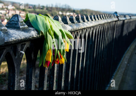 Rosenstrauss rote und gelbe Tulpen herabhängenden über ein Geländer. Symbol für Trauer, Trauer und Verlust. Stockfoto