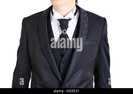 Dunkel grau Herren Hochzeitsanzug, bedruckt mit Blumen, einem Button, Krawatte auf dem Clip. Schöne Herren Anzug mit Weste, für Abschlussball, Galadinner, Abschlussball sogar Stockfoto