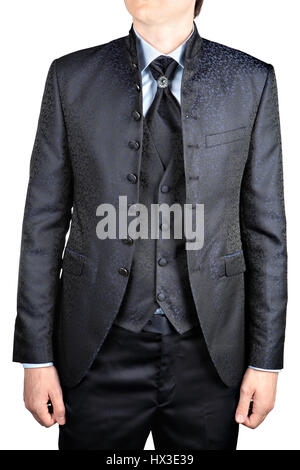 Herren Hochzeitsanzug grau, mit Weste, Stehkragen, Blumenmuster, isoliert auf weißem Hintergrund Stockfoto