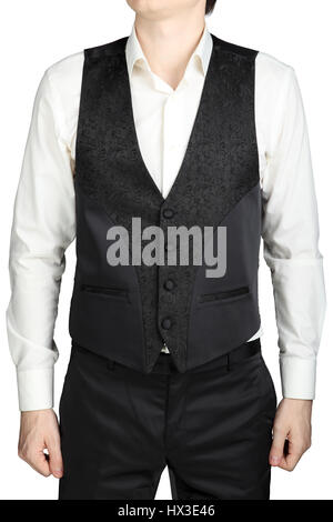 Dunkel grau gemusterte Weste Hochzeit Anzug Bräutigam isoliert auf weißem Hintergrund. Stockfoto