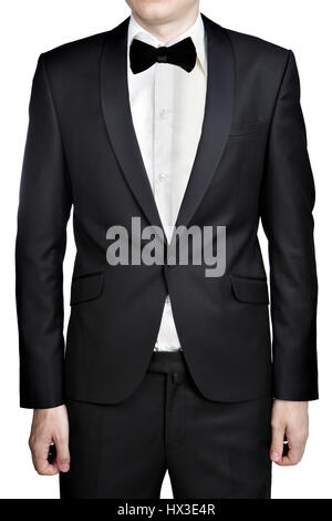 Dunkel grau Abendkleid für Männer; Blazer; weißes Hemd; Bow-Tie; isoliert auf weißem Hintergrund. Stockfoto