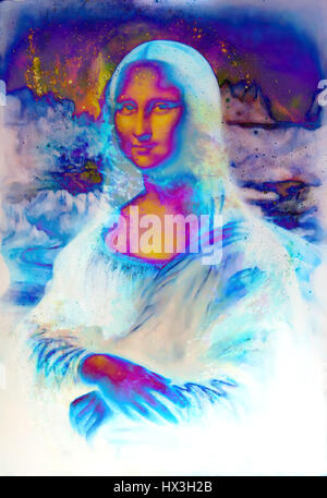 Reproduktion der Mona Lisa von Leonardo da Vinci im kosmischen Raum Malerei. Stockfoto