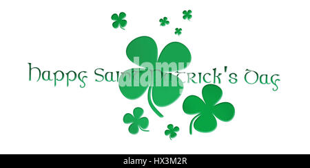 Glücklich St. Patricks Day. Text mit Klee Leafs isoliert auf weißem Hintergrund 3D illustration Stockfoto