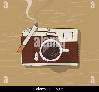 Vektor-Draufsicht Kaffeetasse und Zigarette auf einem Tisch bilden Retro-Kamera Stock Vektor