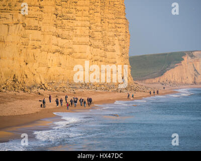 West Bay, Dorset, UK. 24. März 2017. Die Menschen genießen die Sonne unterhalb der East Cliff, wie die Wolke schließlich löscht und eine trübe, aber sonniger Nachmittag folgt. Mit einem Wetter hoch folgen und wärmere Temperaturen erwartet an diesem Wochenende. © Dan Tucker/Alamy Live-Nachrichten Stockfoto