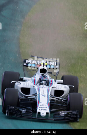 Melbourne, Australien. 25. März 2017. Williams Martini Racing Formel1 Fahrer Lance Stroll der Kanada fährt während des Qualifyings die Australian Formula One Grand Prix im Albert Park Circuit in Melbourne, Australien am 25. März 2017. Bildnachweis: Bai Xue/Xinhua/Alamy Live-Nachrichten Stockfoto