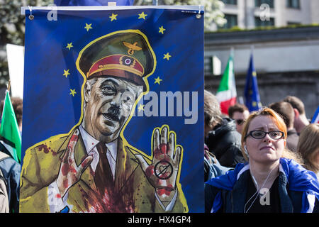 London, UK. 25. März 2017. Nigel Farage dargestellt als Hitler. Für Europa März zu vereinen. Anti-Austritt Demonstranten versammeln und marschieren zum Parlament. © Bettina Strenske/Alamy Live-Nachrichten Stockfoto