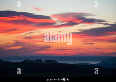 Hardy Monument, Dorset, UK. 25. März 2017. Eine feurige rote Sonnenuntergang über Westen Dorset in Richtung West Bay und Lyme Regis nach einem klaren und warmen sonnigen Tag. © Dan Tucker/Alamy Live-Nachrichten Stockfoto