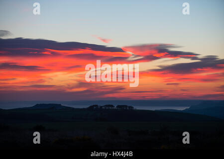 Hardy Monument, Dorset, UK. 25. März 2017. Eine feurige rote Sonnenuntergang über Westen Dorset in Richtung West Bay und Lyme Regis nach einem klaren und warmen sonnigen Tag. © Dan Tucker/Alamy Live-Nachrichten Stockfoto