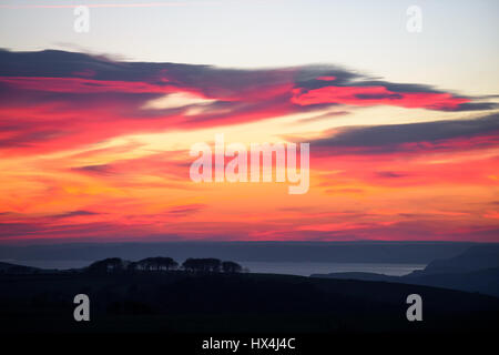 Hardy Monument, Dorset, UK. 25. März 2017. Eine feurige rote Sonnenuntergang über Westen Dorset in Richtung West Bay und Lyme Regis nach einem klaren und warmen sonnigen Tag. © Dan Tucker/Alamy Live-Nachrichten Stockfoto