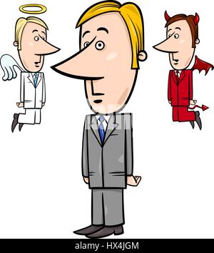 Begriff Cartoon Illustration der Geschäftsmann mit Engel und Teufel flüstert ihm ins Ohr Stock Vektor