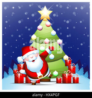 Fröhlicher Weihnachtsmann hob seine Hand in Gruß, Geschenk-Boxen unter dem Weihnachtsbaum vor dem Hintergrund einer Winterlandschaft. Stockfoto