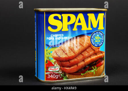 Hormel verzinnt Spam gehackt Schweinefleisch und Schinken Frühstücksfleisch auf schwarzem Hintergrund isoliert Stockfoto