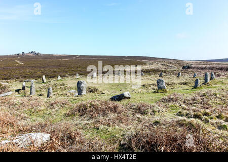 Tregeseal East ist ein prähistorischer Steinkreis in der Nähe von St Just, Cornwall, England, UK. Die neunzehn Granitsteine sind auch bekannt als The Dancing Stones Stockfoto