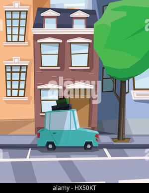 Digitale Vektor abstrakten Hintergrund mit einer Straße und die Straße zwischen den Häusern, urban, Cartoon grünes Auto mit Gepäck auf die Oberseite, großen grünen Baum, flache Dreieck Stock Vektor