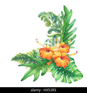 Illustration von einem Bouquet mit gelb-rot Hibiskus Blumen und tropischen Pflanzen. Handgezeichnete Aquarell auf weißem Hintergrund. Stockfoto