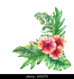 Illustration von einem Bouquet mit gelb-rosa Hibiskus Blumen und tropischen Pflanzen. Handgezeichnete Aquarell auf weißem Hintergrund. Stockfoto