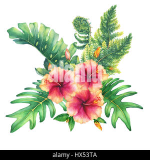 Illustration von einem Bouquet mit gelb-rosa Hibiskus Blumen und tropischen Pflanzen. Handgezeichnete Aquarell auf weißem Hintergrund. Stockfoto