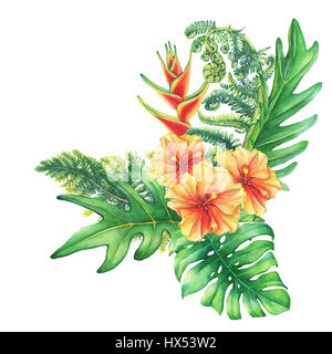 Illustration von einem Bouquet mit gelb-rot Hibiskus Blumen und tropischen Pflanzen. Handgezeichnete Aquarell auf weißem Hintergrund. Stockfoto