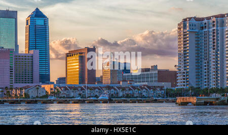 Sonnenuntergang über der Innenstadt von Gebäuden und Brücken am St. Johns River in der Innenstadt von Jacksonville, Florida. Stockfoto