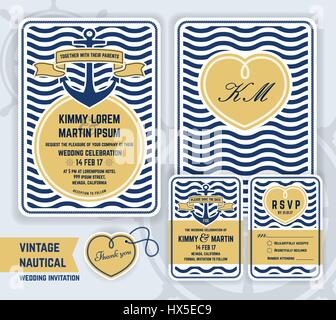 Vintage nautische Anker Hochzeit Einladung Template-Design. Enthalten Einladung, Karten zu reagieren, vormerken, danke Tags, Geschenk-Tags. Vektor, Abbildung Stock Vektor